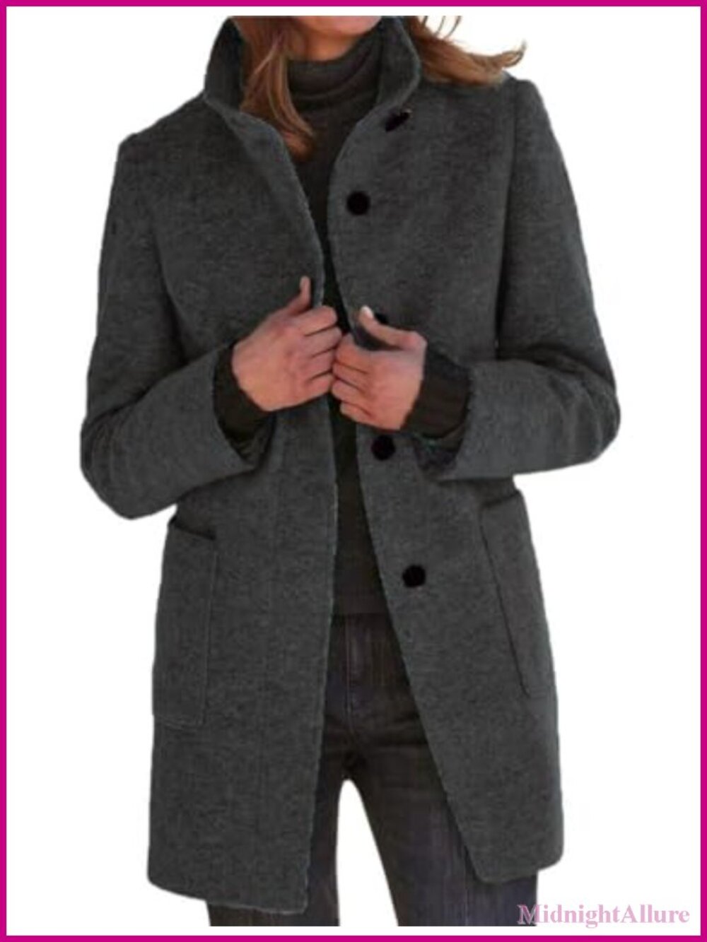 Wool Blend Long Pea Coat Stand Collar Button Down Blazer Jacket